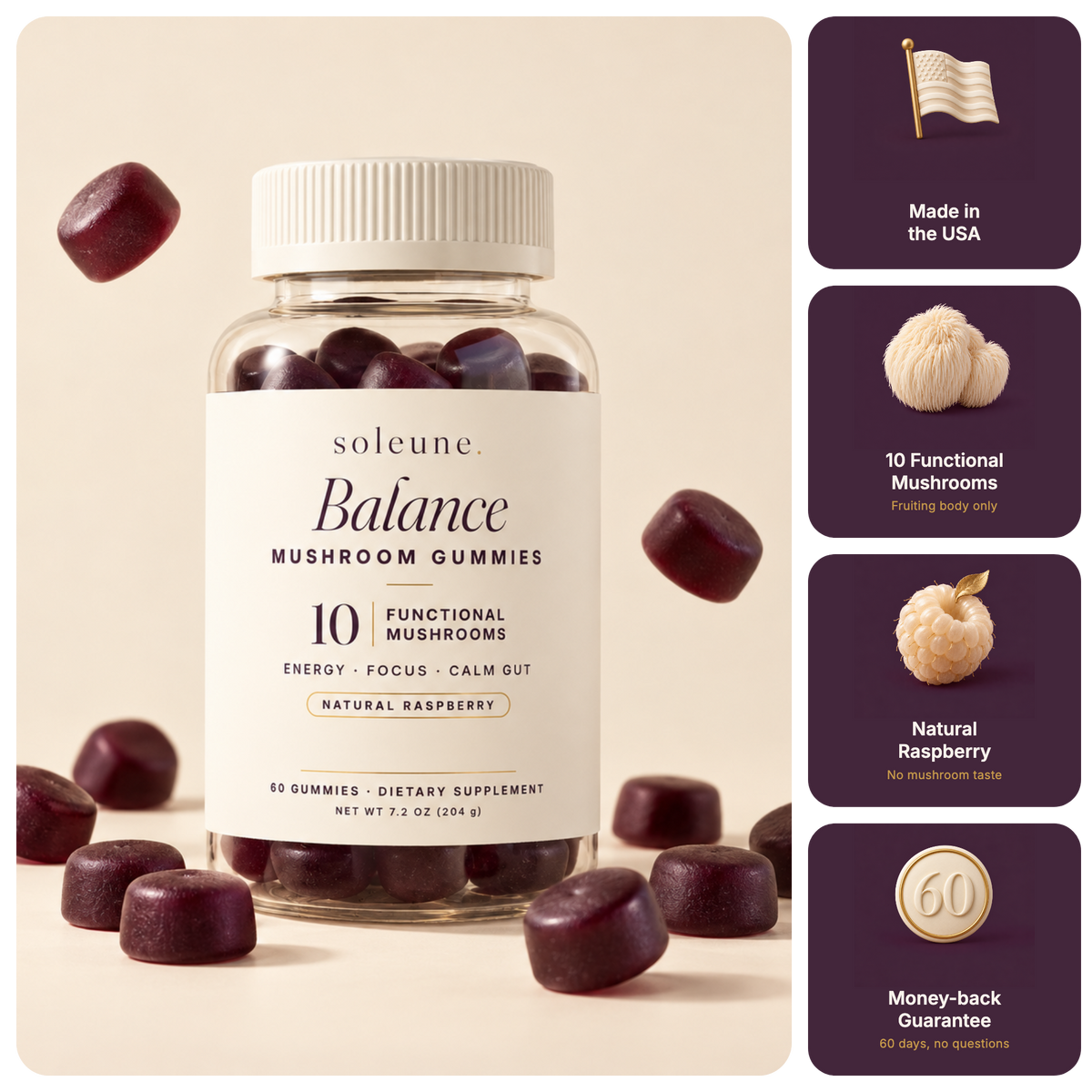 Soleune Balance mushroom gummies, made in the USA, 10 functional mushrooms, natural raspberry, 60-day guarantee