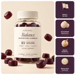 Soleune Balance mushroom gummies, made in the USA, 10 functional mushrooms, natural raspberry, 60-day guarantee